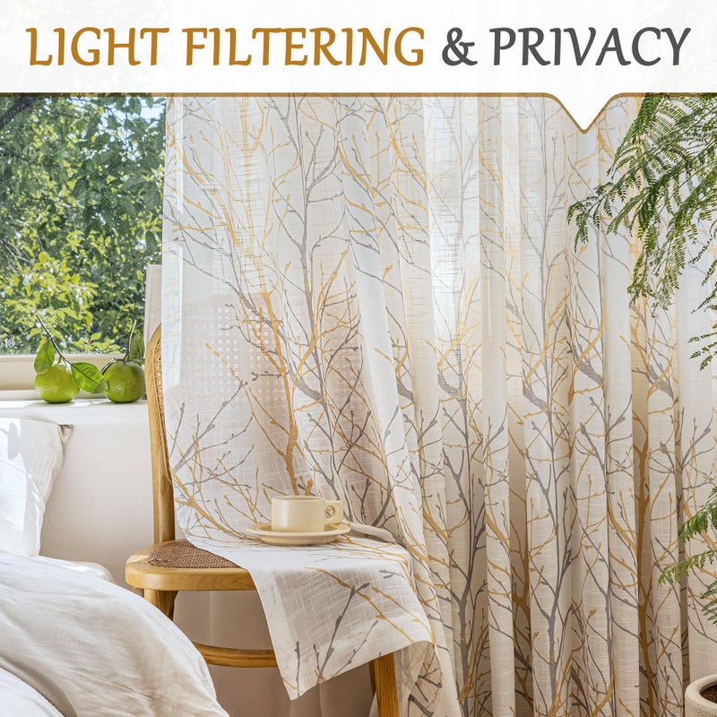FMFUNCTEX Linen Semi Sheer Curtains for Bedroom, Yellow White Curtains 108 Inches Long for Living Room, Grey Tree Branch Print Curtain Light Filtering Extra Long Window Drapes, Grommet Top 2 Panels - Image 3